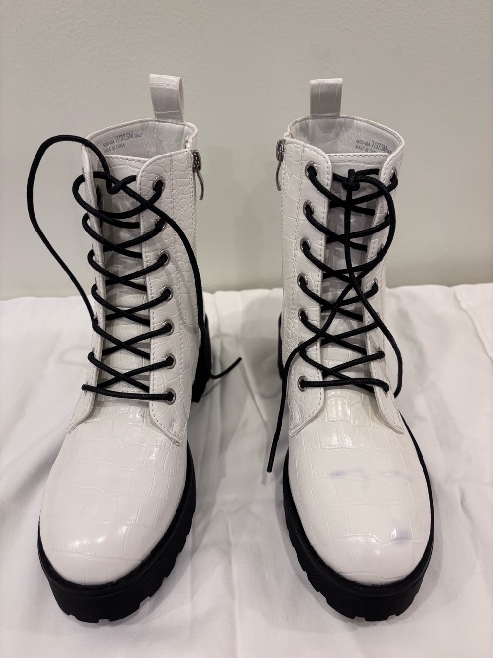 Dirty Laundry White Croc-Effect Combat Boots with Black Laces